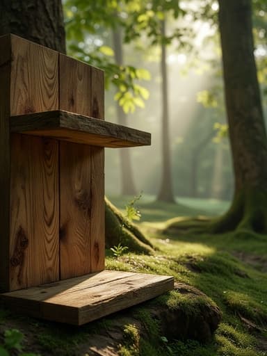 나무 선반, 가구, 홈 데코. 숲속 장면, 아침 이슬, 나무 사이로 부드러운 햇빛, 젖은 땅, 부드러운 안개. 고요하고 평화로운 자연스러움.
