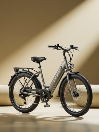 전기 자전거, 자동차, 이동수단, 유기적 곡선, 부드러운 주변광, muted earth tones, 자연 환경 통합, 자연스러운, 통합된, 고요한.