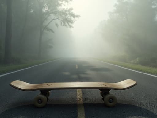 스케이트보드, 야외 스포츠, 엔터테인먼트, 운동 장비; 아스팔트 도로, 자욱한 아침 안개, 대기적 흐림; 부드러운 확산 조명, 고요함, 신비로움