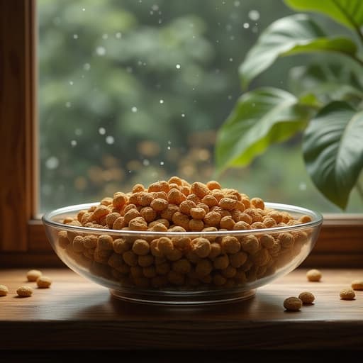 고양이 사료, 반려용품, 건조 사료, 빗방울이 맺힌 창문, 흐릿한 빗속 창문, 흐린 조명