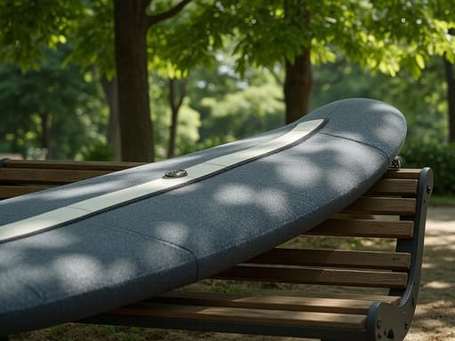 서핑보드 커버, 스포츠, 레저, 도시의 공원 벤치, 나무 널빤지, 녹색의 공원 식물, 점묘된 햇빛, 약간의 풍화된 목재, 그림자 및 반사