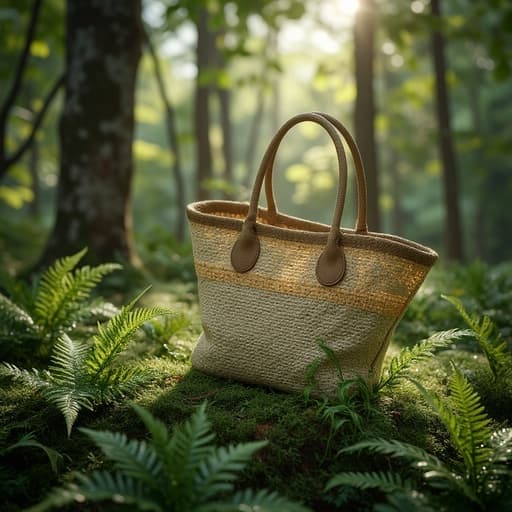 해변 가방, 아침 햇살이 나무 사이로 비추는 숲속 이슬이 맺힌 양치식물 사이, 부드러운 조명과 자연스러운 분위기