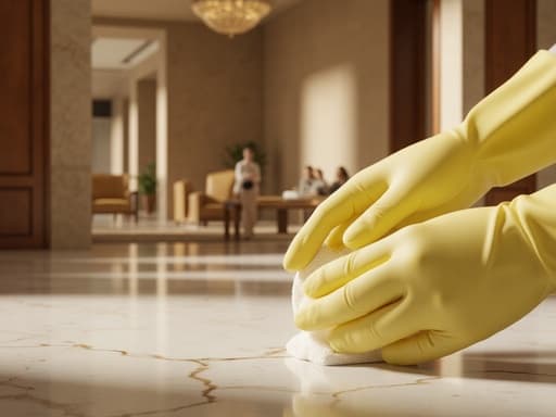 청소 장갑, 청소도구, 고급 호텔 로비, 따뜻한 분위기의 조명, 부드러운 반사, 자연스러운 그림자