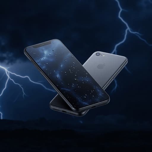 스마트폰, 디지털 기기, 전자기기, 가젯, 번개가 비치는 밤하늘, 감정적 분위기, 극적인 그림자