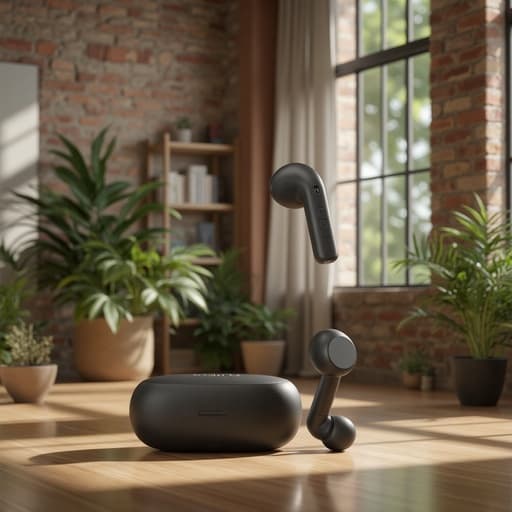 무선 이어폰, 디지털 기기, 오디오 장비, 로프트 스타일 아파트, 노출 벽돌벽, 큰 창문, 실내 식물, 나무 바닥, 아늑하고 따뜻한 분위기