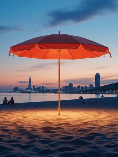 해변 파라솔, 야외 레저, 황혼의 도시 스카이라인, 도시 풍경 배경, 따뜻한 분위기의 조명
