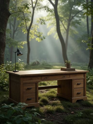 책상, 서재, 가구, 아침 안개가 낀 숲, 자연광 확산, 고요함, 평화로움