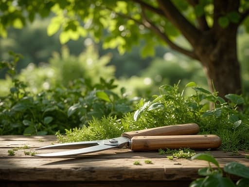 푸른 식물과 나무로 둘러싸인 나무 테이블 위의 정원 가위, 잎사귀 사이로 비치는 햇살이 있는 풍경.