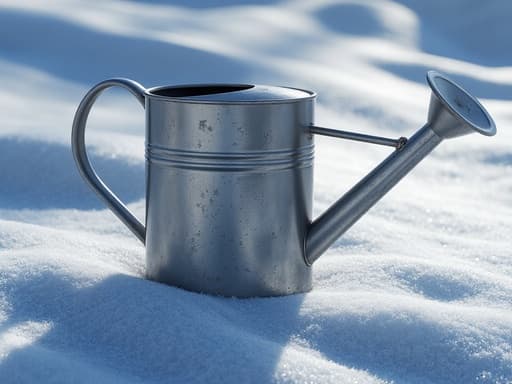 물뿌리개, 야외 레저, 금속, 물을 뿌리는 도구, 자연의 얼음 패턴, 서리 덮인 표면, 추운 겨울 장면, 낮은 겨울 햇빛이 긴 그림자를 드리우는, 미세한 반사