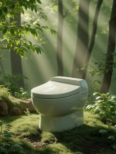 비데 본체, 욕실, 세면, 아침 이슬이 맺힌 숲속 배경, 나뭇잎 사이로 비치는 햇살, 고요한 분위기