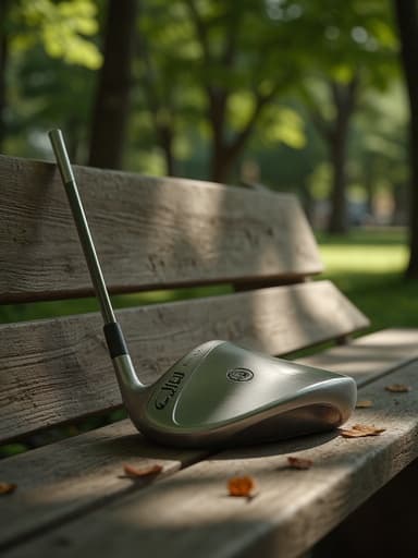 골프 클럽, 야외 스포츠, 나무로 된 공원 벤치, 도시 공원, 햇볕이 드는 오후, 미묘한 그림자, 은은한 녹색