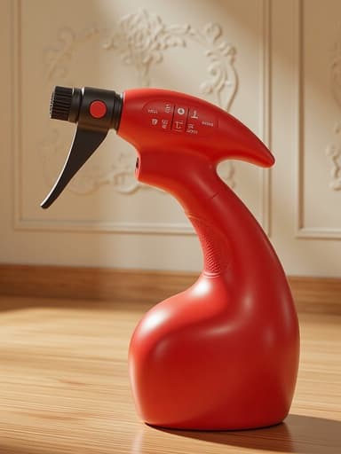 나무 바닥에 있는 빨간 스프레이 청소기의 클로즈업 모습, 세련된 디자인과 특징을 보여줍니다.