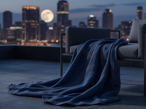 데님 팬츠, 패션, 의류, 하의, 도시 패션, 저녁 도시 스카이라인, 멀리서 빛나는 조명, 콘크리트 포장, 현대적인 야외 가구에 무심하게 걸쳐진, 달빛 분위기, 부드러운 그림자, 사진 현실적