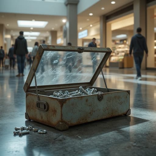 철물 박스, 붐비는 쇼핑몰, 활기찬 분위기