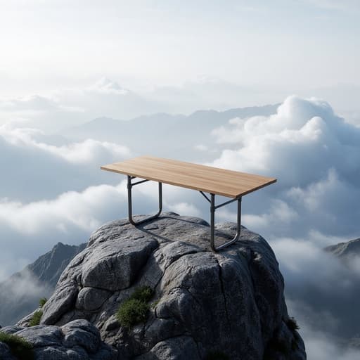 접이식 테이블, 가구; 바위가 많은 산 정상, 구름으로 둘러싸임; 자연광, 아침 안개, 부드러운 그림자