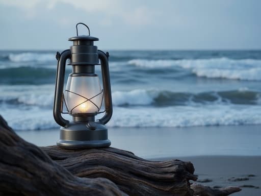 캠핑 랜턴, 아웃도어 액세서리 파도가 몰아치는 해변, 젖은 모래, 흐린 하늘, 무디한 분위기