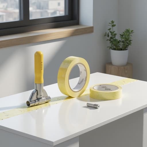 절연 테이프, 공구, DIY, 현대적인 책상, 세련된 사무 가구, 미니멀한 장식, 자연광, 부드러운 그림자, 사실적인