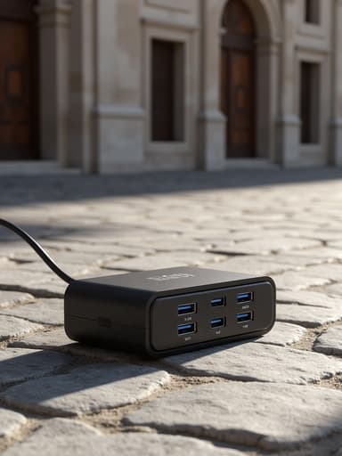 USB 멀티포트, 디지털 기기, 기술, 이탈리아 광장, 돌 질감, 그림자 효과, 자연광, 사실적