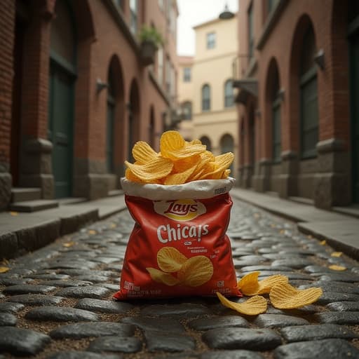 감자칩 봉지, 골목길, 빈티지 도시 분위기