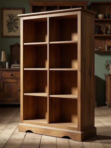 룸 디바이더 책장, 가구, 빈티지 앤티크 숍 배경, 따뜻한 분위기 조명, 부드러운 그림자