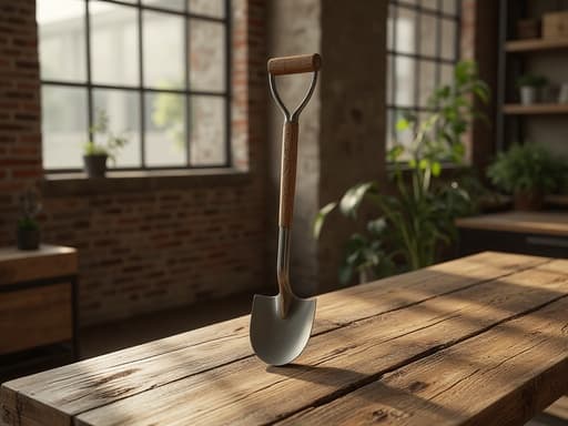 정원 삽, 실외 장비, 도구, 로프트 스타일 아파트, 빈티지 나무 테이블, 노출된 벽돌, 큰 산업 창문, 부드러운 아침 빛, 은은한 그림자.