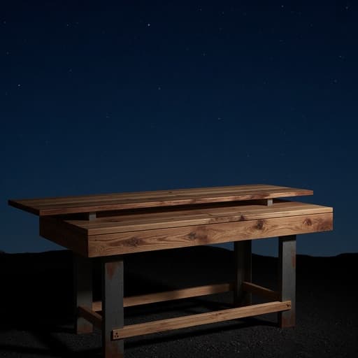 작업대, 도구, DIY, 가구; 반짝이는 별이 가득한 한밤중 하늘; 부드러운 달빛 그림자