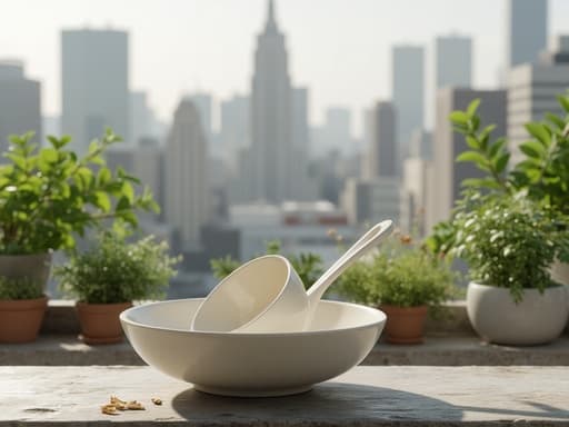 국자받침, 주방용품, 세라믹, 광택, 도시의 옥상 정원, 화분에 심어진 식물, 도시 스카이라인, 부드러운 햇빛, 자연 음영, 질감 디테일
