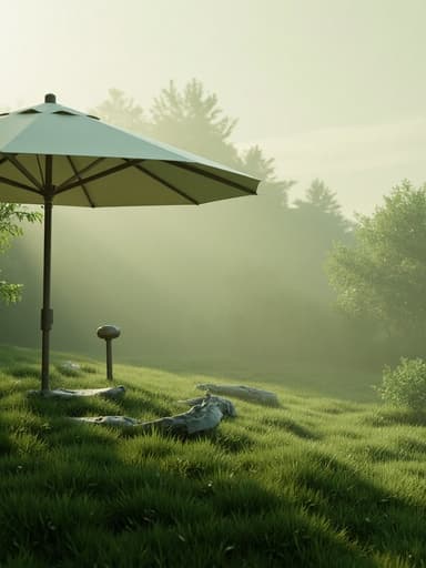해변 우산, 야외 장비, 새벽 안개가 낀 정원, 고요하고 평온한