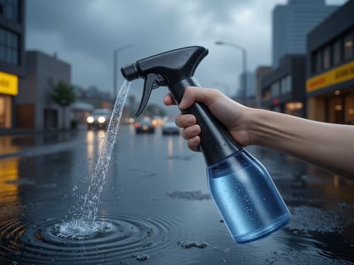 핸드헬드 스프레이 병, 청소 도구, 도시 거리, 빗방울, 젖은 포장 도로, 반사, 흐린 하늘, 흐림, 상쾌함