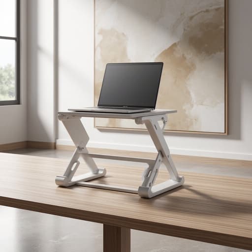 노트북 스탠드, 전자 주변기기, 컴퓨터 장비, 현대 미술 갤러리, 미니멀리스트 나무 테이블, 추상 예술 그림, 자연 광, 세련되고 예술적인 현대적인