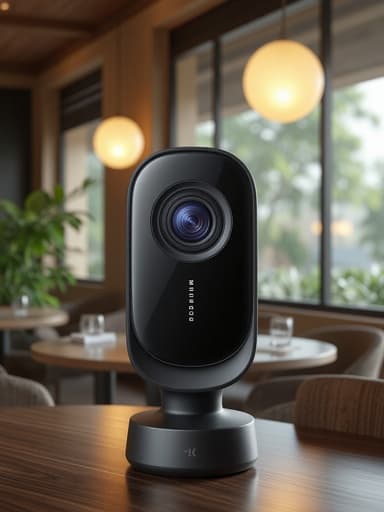 웹캠, 디지털 기기, 고급 레스토랑 테라스, 자연광, 부드러운 주변 조명, 흐릿한 배경