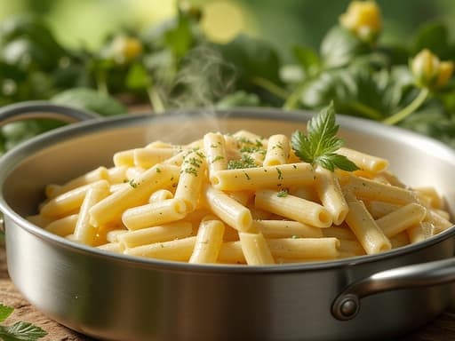 크림 파스타 밀키트, 식품, 밀키트 봄의 신록 배경, 섬세한 잎사귀, 신선한 분위기, 부드러운 햇빛 신선하고 자연스러운 느낌