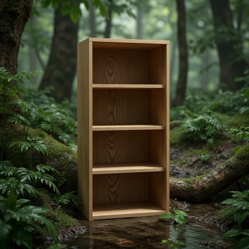 5단 책장, 비 내리는 숲속 배경, 고요하고 자연스러우며 평화로움