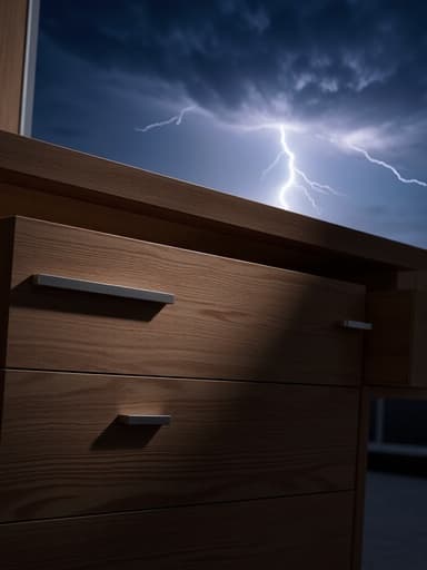 슬림 서랍장, 가구, 나무 질감, 밤하늘, 번개, 부드러운 주변 광, 대비되는 그림자