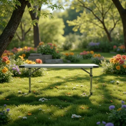 캠핑 테이블, 아웃도어 장비, 봄 정원, 다양한 색상의 꽃이 만발, 부드러운 그림자, 산들바람