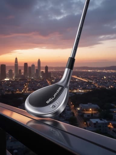 골프 클럽, 야외 스포츠, 황혼의 도시 풍경, 도시의 지평선, 따뜻한 톤, 부드러운 그림자, 사실적인 반사