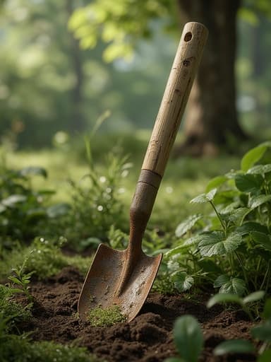 정원 삽, 아웃도어, 도구, 정원; 새벽 안개가 낀 정원, 부드러운 확산 조명; 평화롭고 고요하며 사실적인