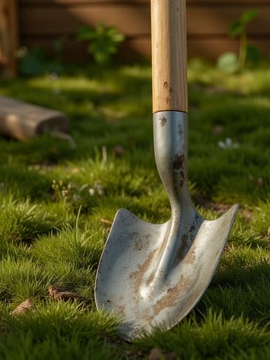 정원 삽, 실외 장비, 자연 정원 환경, 풀로 덮인 바닥, 따듯한 오후 햇살, 부드러운 그림자