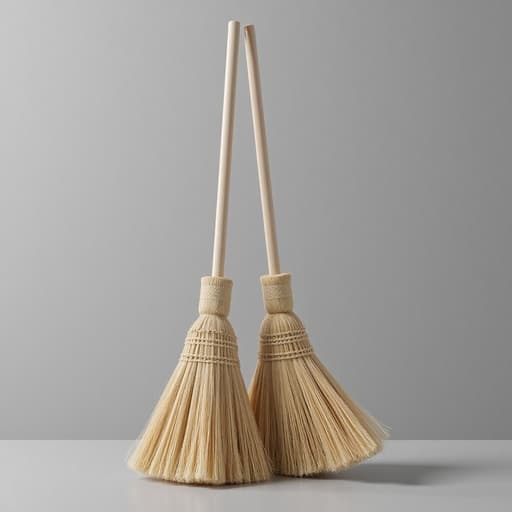 빗자루 세트, 청소도구, 모노톤 그레이 배경, 부드러운 자연광