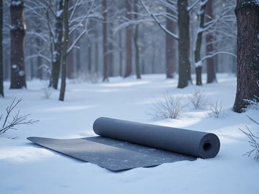 요가 매트, 눈 덮인 겨울 숲, 분위기, 차가운 분위기