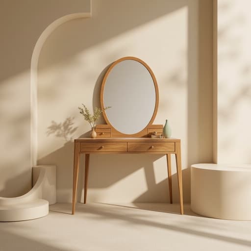 화장대, 가구, 목재, 미드 센츄리 모던; 유기적 곡선의 방, 부드러운 파스텔 색조, 주변 자연광, 부드러운 그림자; 평화롭고 세련되고 따뜻한