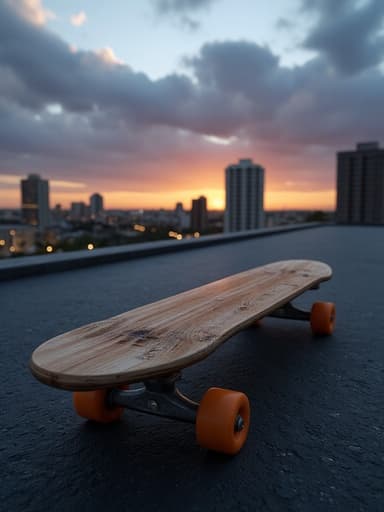 스케이트보드, 황혼의 도시 풍경, 평온한, 고요한, 역동적인 분위기