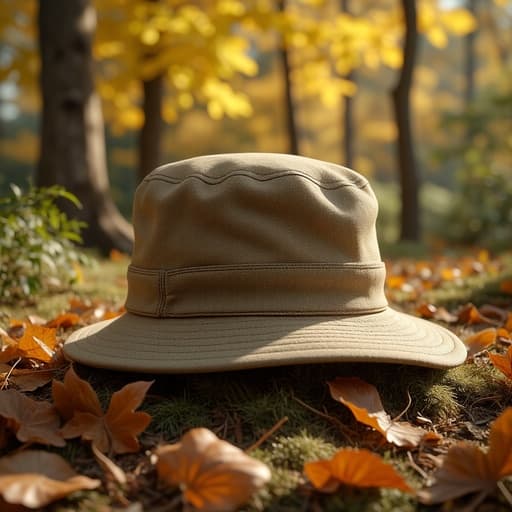 등산 모자, 가을 낙엽이 쌓인 공원, 부드러운 햇빛, 부드러운 그림자, 풍부한 색상