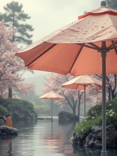 해변 파라솔, 야외, 여가; 벚꽃길, 봄비, 축축한 꽃잎, 흐린 하늘; 자연광, 부드러운 색조, 부드러운 그림자