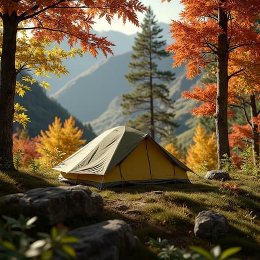 캠핑 텐트, 야외, 스포츠, 장비, 산의 다채로운 가을 단풍, 고요하고 평화로운 분위기