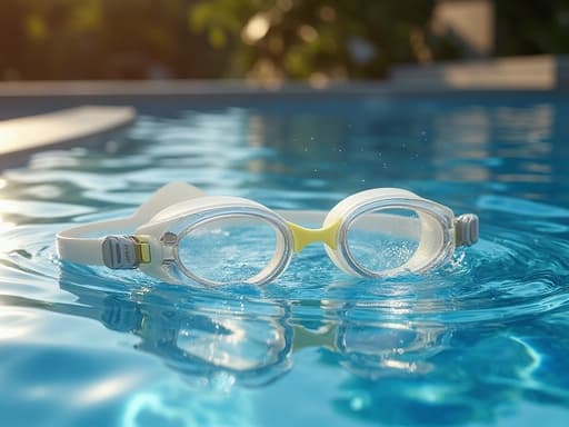 수영 고글, 풀사이드 설정, 따뜻한 오후의 햇살, 편안한, 따뜻한, 야외