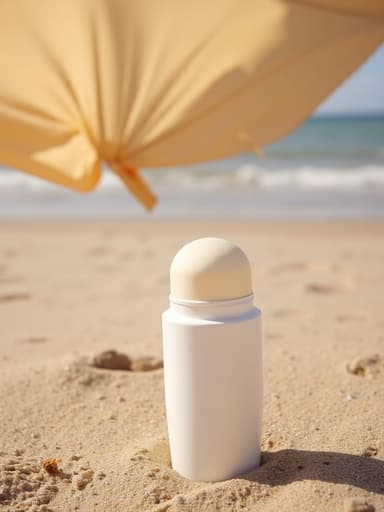 선크림 스틱, 화장품, 여름 해변의 파라솔 아래, 편안하고, 자연스럽고, 여름 같은