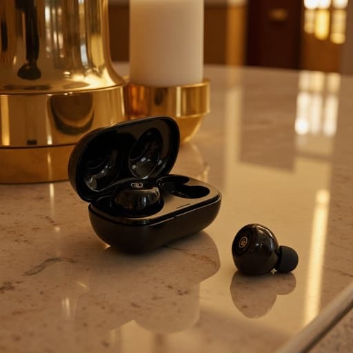 무선 이어폰, 디지털 기기, 전자제품, 고급 호텔 로비, 빛나는 대리석 표면, 황금빛 조명, 호화로운 분위기, 저녁 그림자, 미묘한 불완전성