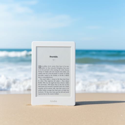 전자책 리더기, 디지털기기, 부드러운 파도, 모래 해변, 선명한 파란 하늘, 자연스러운 반사, 부드러운 그림자, 초현실적, 자연광