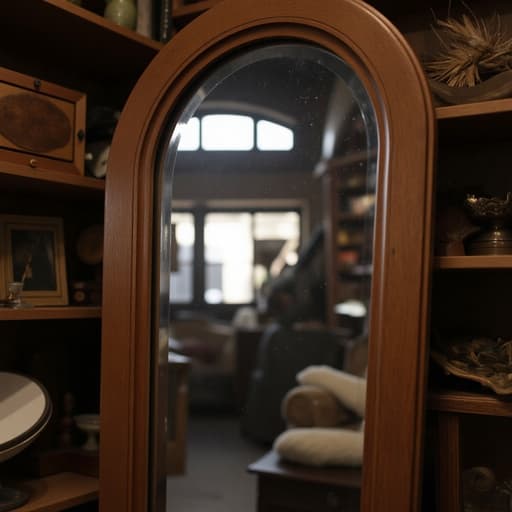 전신 거울, 빈티지 앤티크 숍 환경, 향수를 불러일으키는, 따뜻하고 매력적인